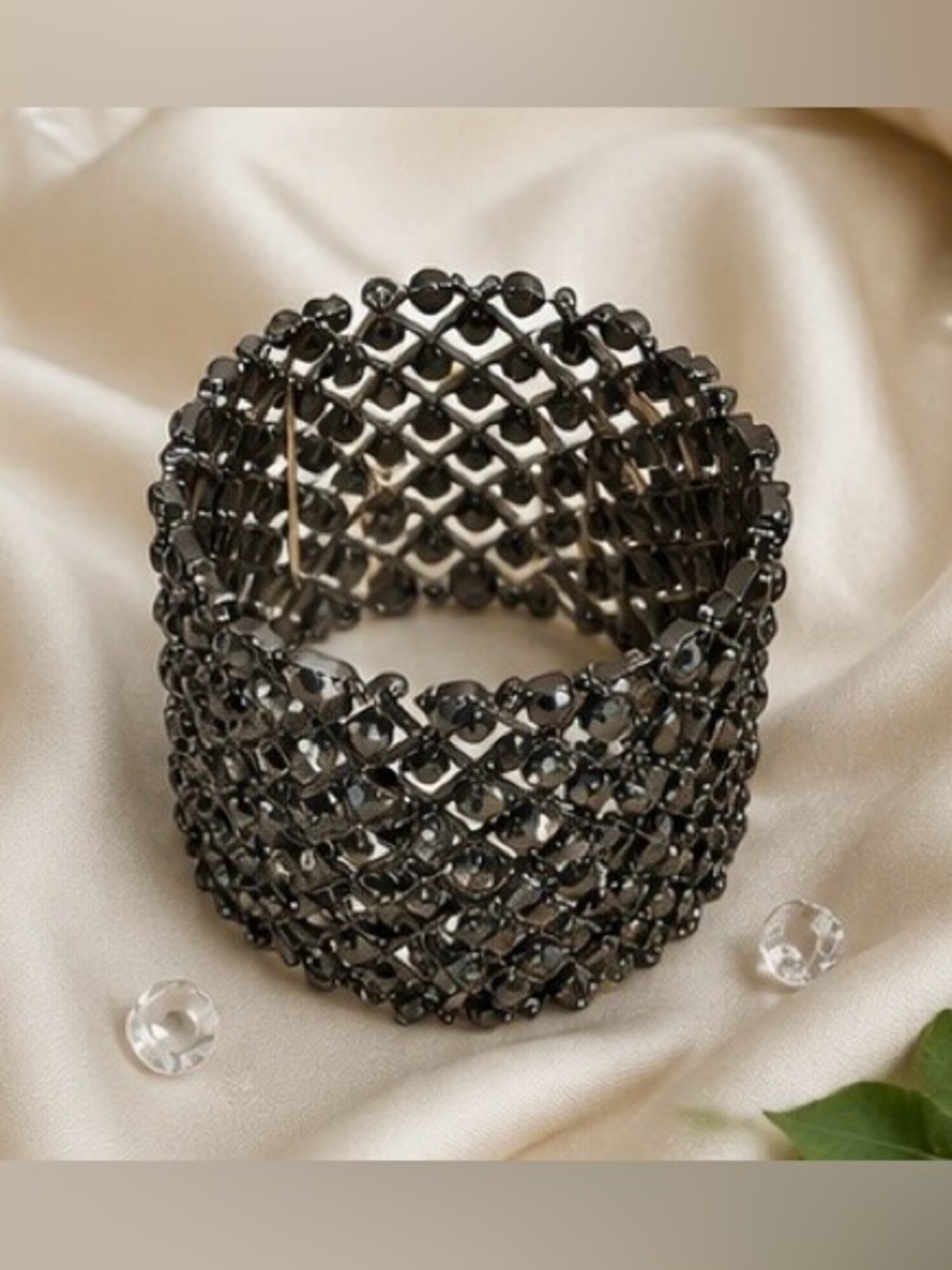 Silver Crystal Stretch Bracelet Rhinestone Wide Statement Cuff - Picture 4 of 8